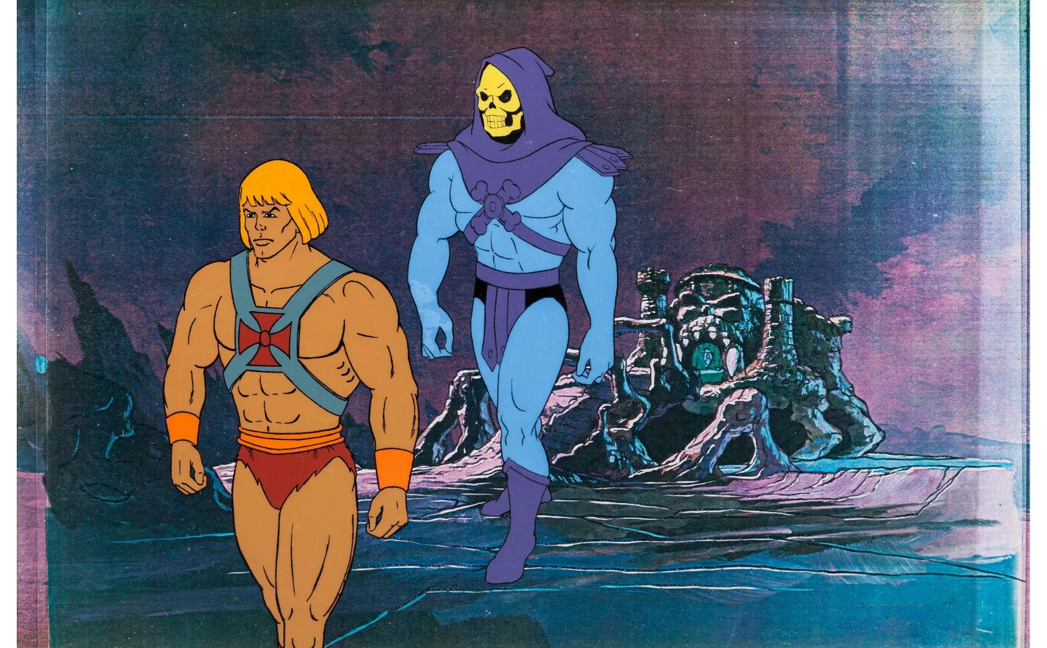 He-Man and the Masters of the Universe He-Man and Skeletor Production Cel Set-Up Animation Art (Filmation, 1983). (Total