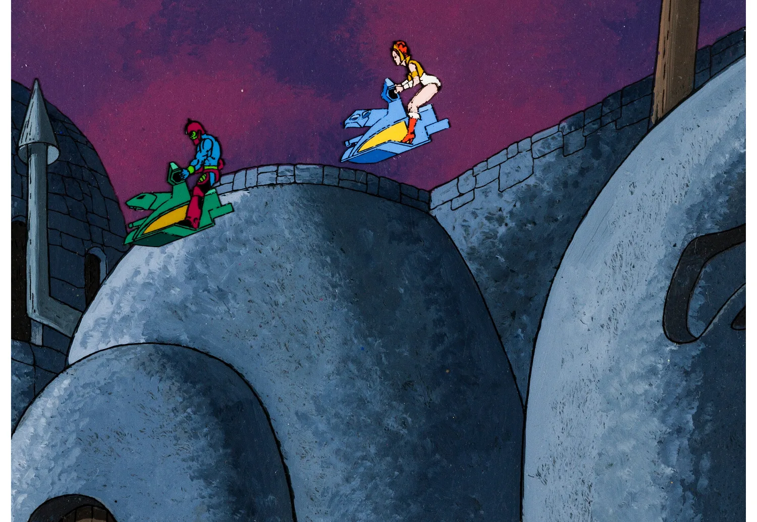 He-Man and the Masters of the Universe Teela and Trap Jaw Production Cel and Painted Key Master Background Setup Animati