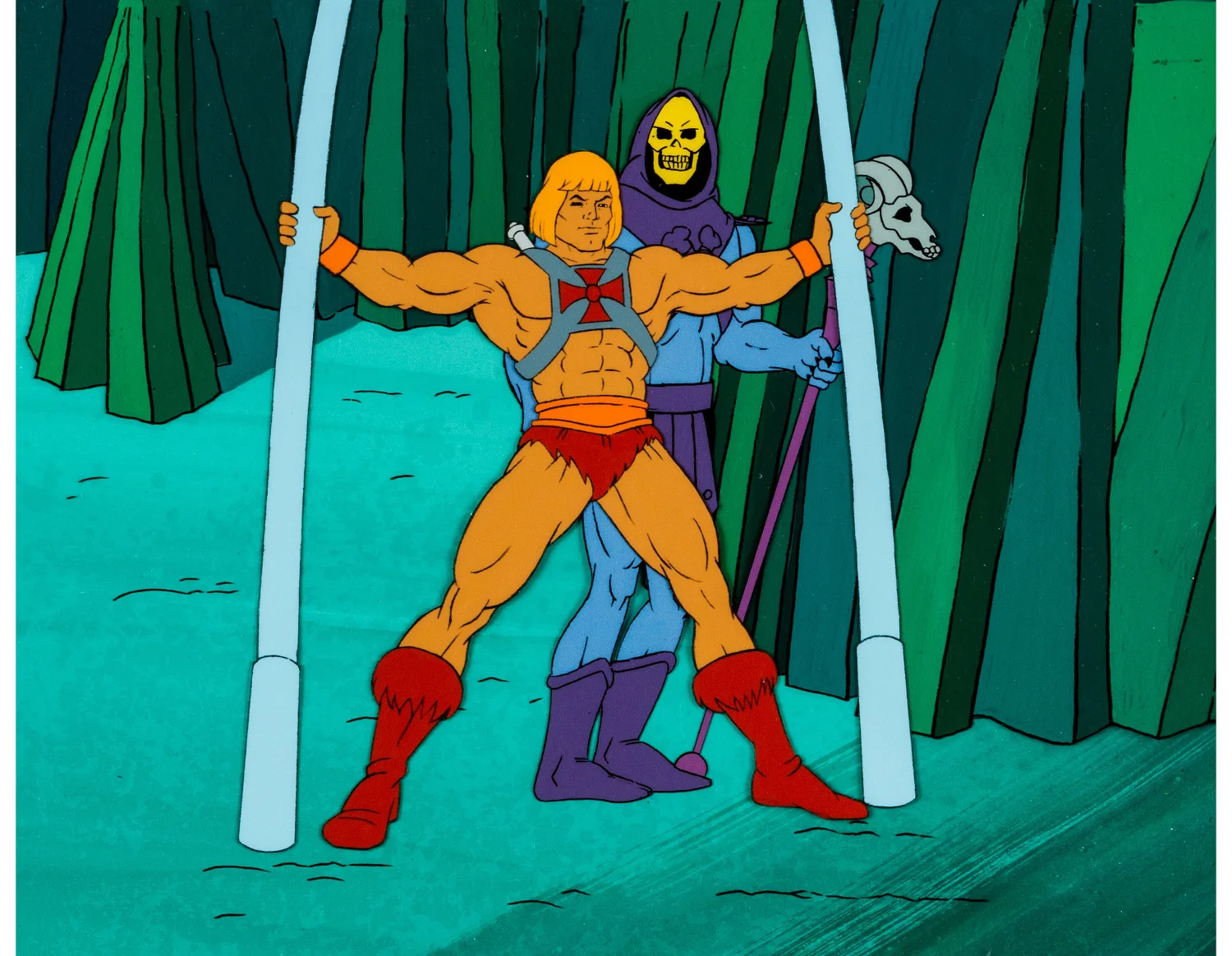 He-Man and the Masters of the Universe He-Man and Skeletor Production Cel and Painted Key Master Background Setup Animat