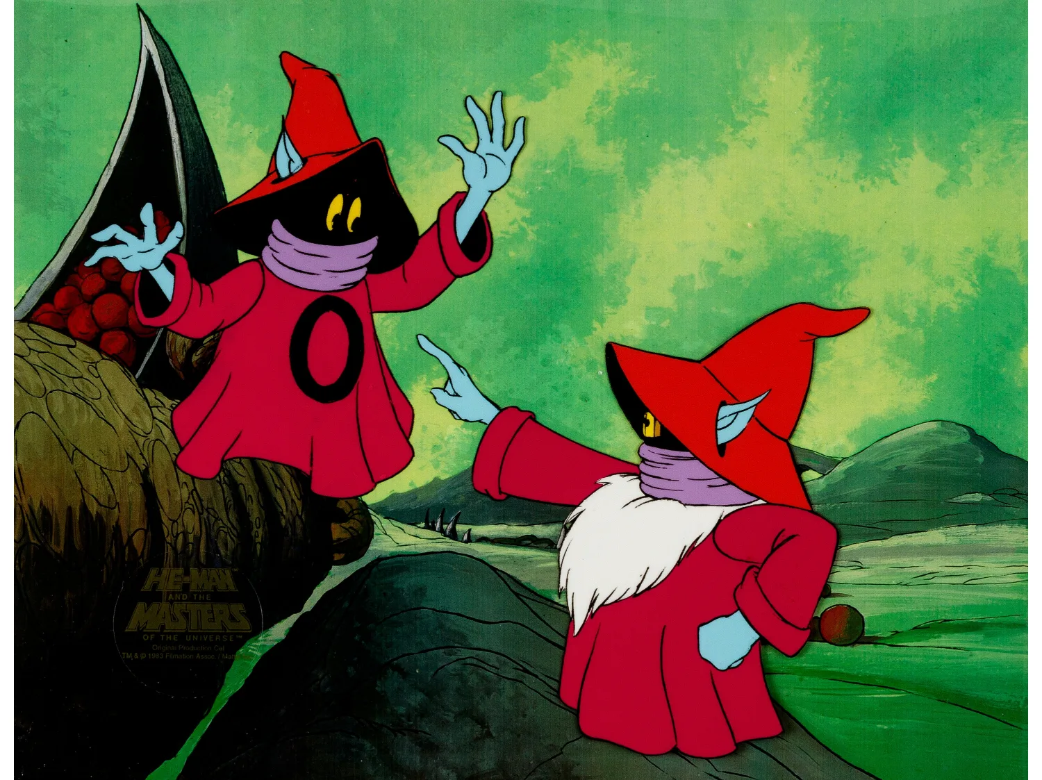 He-Man and the Masters of the Universe Orko and Uncle Montork Production Cel Setup (Filmation, 1983). (Total: 3 Items)