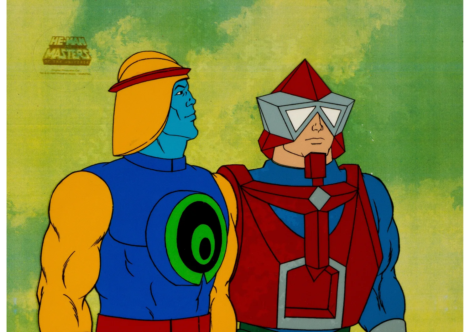 He-Man and the Masters of the Universe Sy-Klone and Mekaneck Production Cel Setup (Filmation, 1984). (Total: 3 Items)
