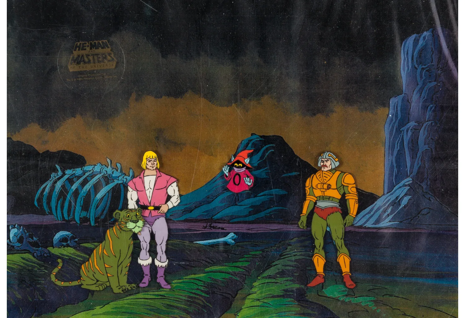 He-Man and the Masters of the Universe Prince Adam, Cringer, Orko, and Man-At-Arms Production Cel Setup, Animation Drawi