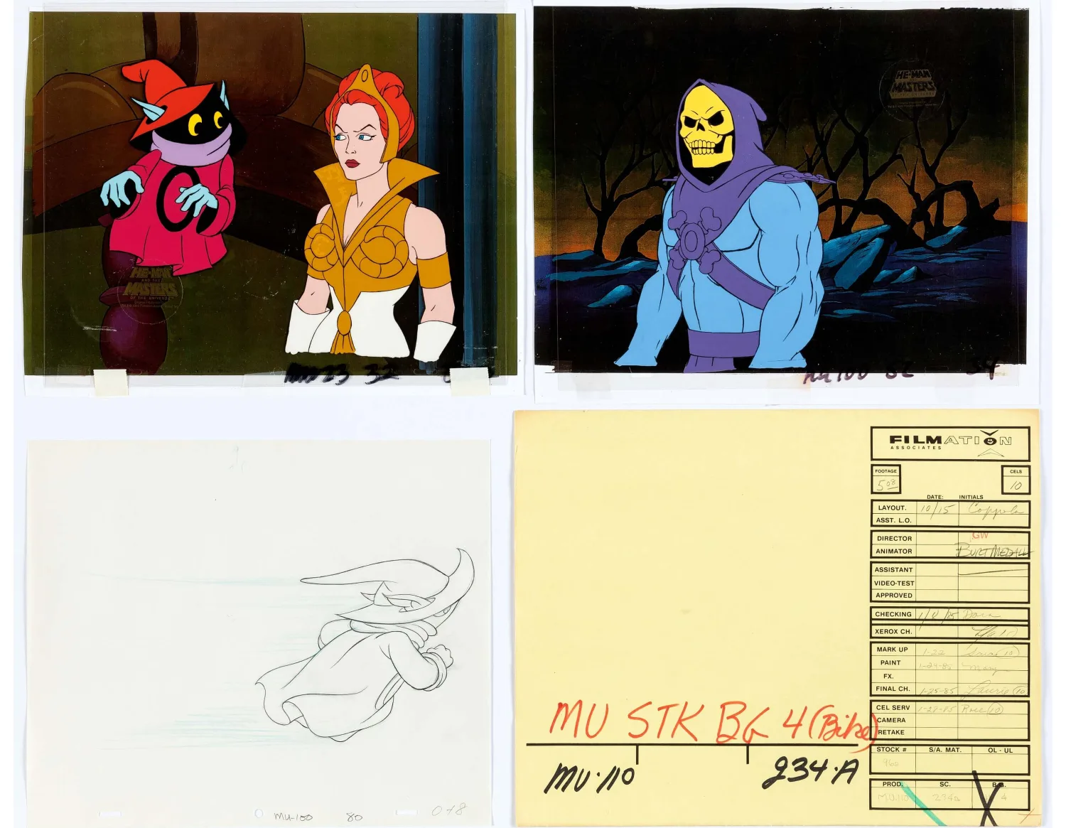 He-Man and the Masters of the Universe Production Cel Setup, Animation Drawings, and Studio Folder Group of 8 (Filmation