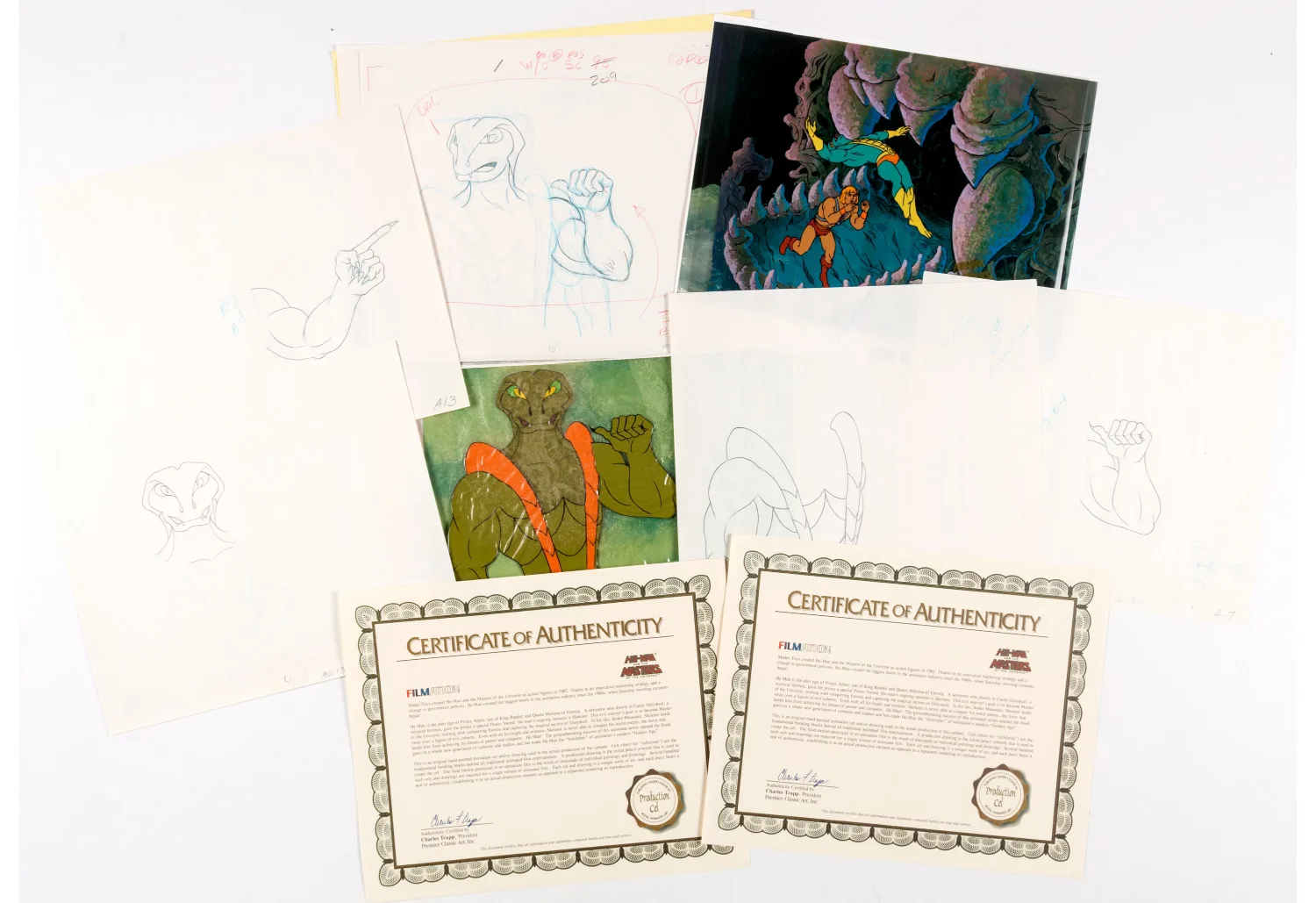 He-Man and the Masters of the Universe Mer-Man and Repton Soldier Production Cel Setups with Animation Drawings (Filmati