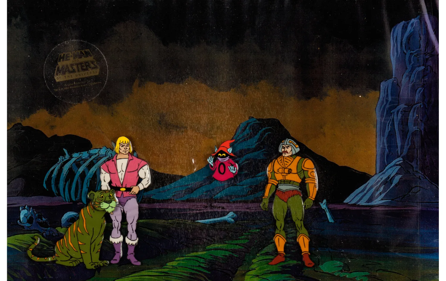 He-Man and the Masters of the Universe Prince Adam, Cringer, Orko, and Man-At-Arms Production Cel Setup, Animation Drawi