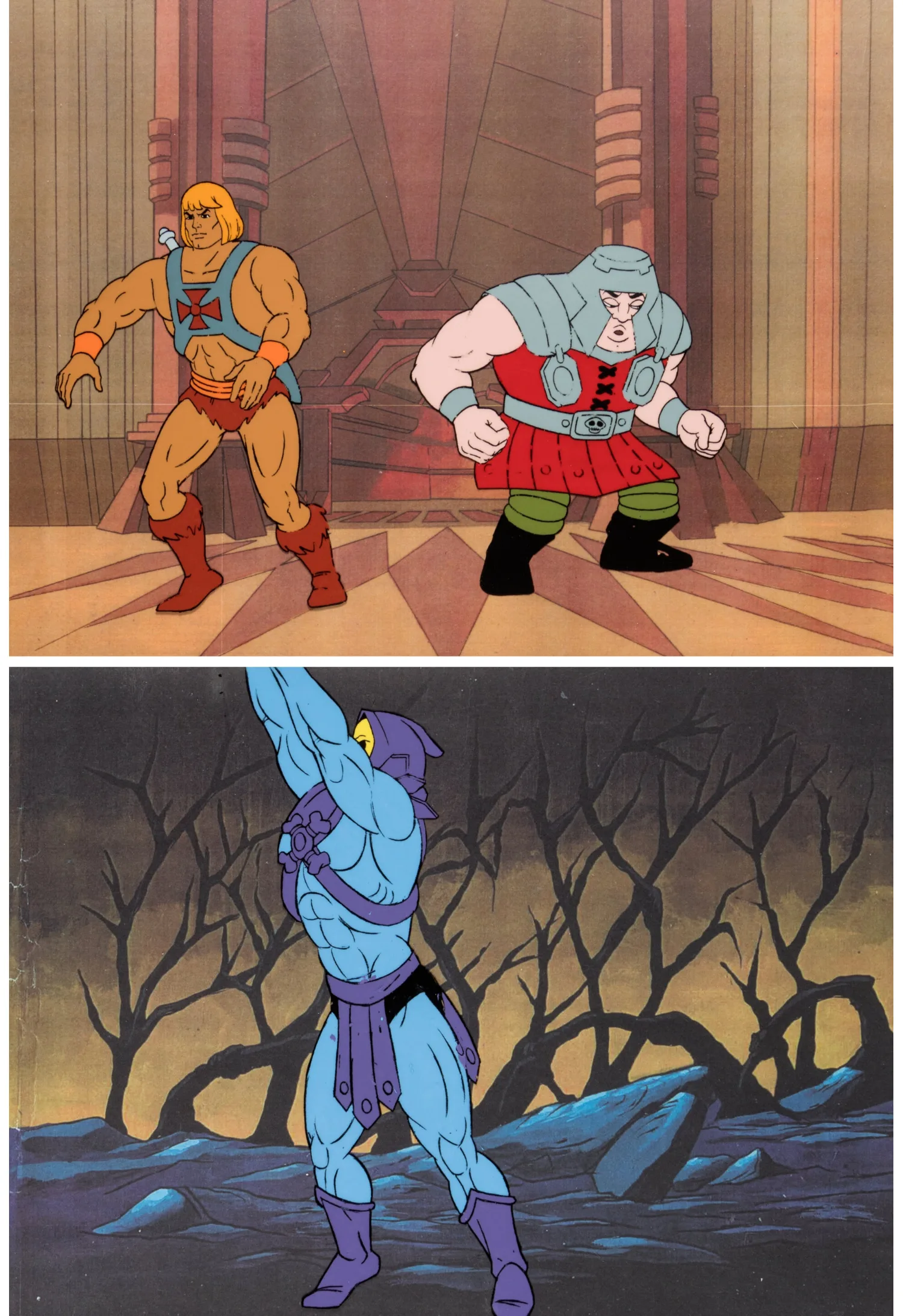 He-Man and the Masters of the Universe He-Man, Ram Man and Skeletor Production Cel and Animation Drawing Group of 4 (Fil