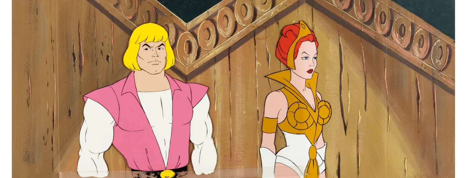 He-Man and the Masters of the Universe Prince Adam and Teela Production Cel with Master Pan Production Background (DIC