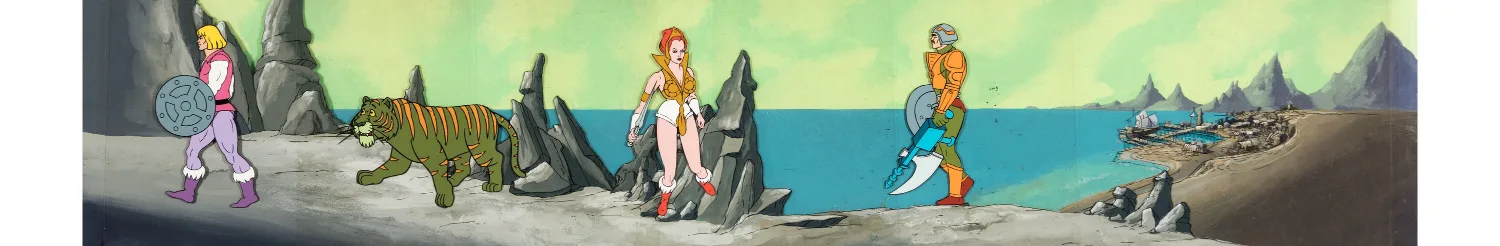 He-Man and the Masters of the Universe He-Man, Cringer, Teela, and Man-at-Arms Production/Color Model Cels with She-Ra: