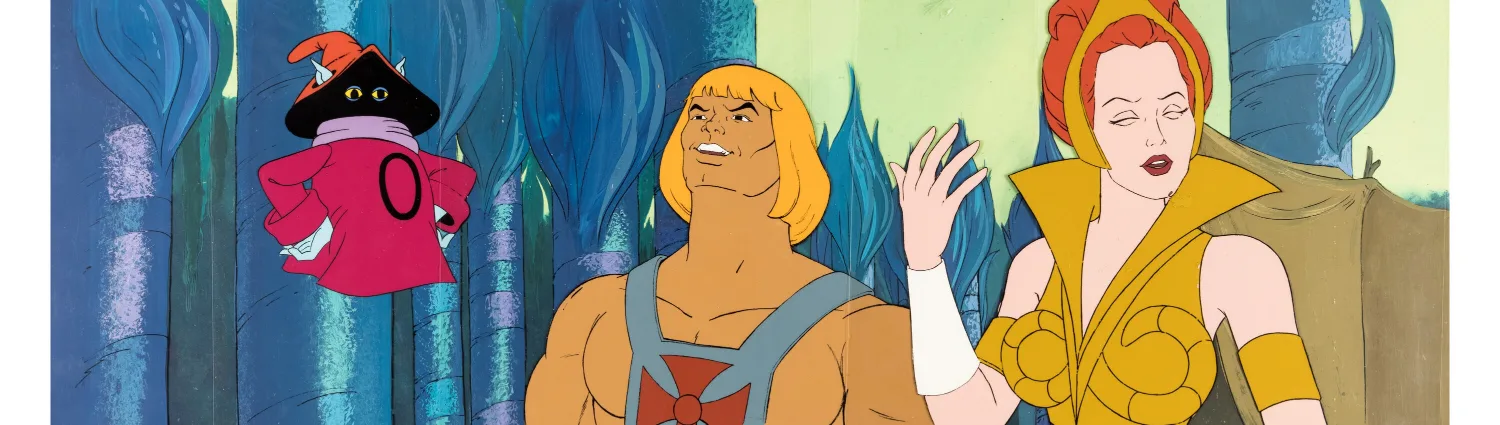 He-Man and the Masters of the Universe He-Man, Teela, and Orko Production Cel Setup with She-Ra: Princess of Power Pan P