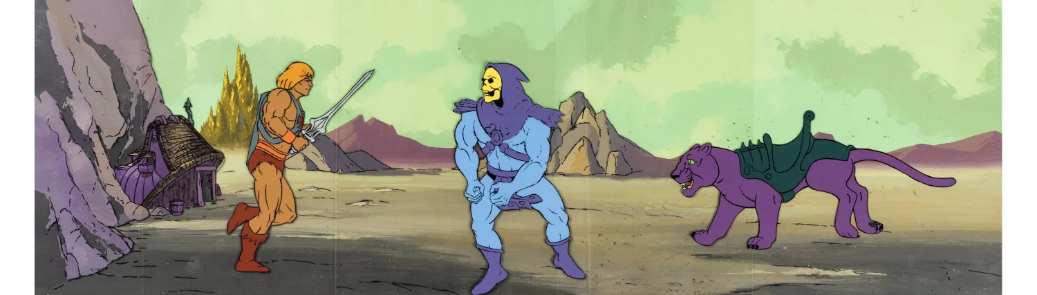 He-Man and the Masters of the Universe He-Man and Skeletor Production Cels with Panthor Color Model Cel and She-Ra: Prin