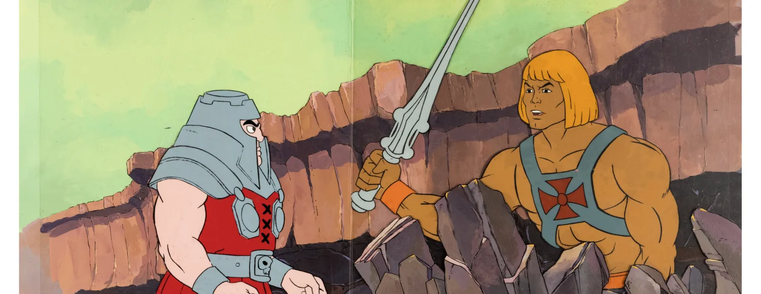 She-Ra: Princess of Power He-Man Production Cel Setup with Master Background and He-Man and the Masters of the Universe