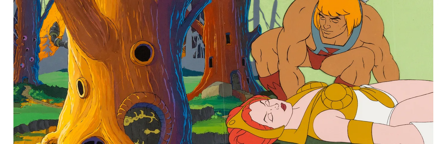 He-Man and the Masters of the Universe He-Man and Teela Stock Production Cel with She-Ra: Princess of Power Pan Producti