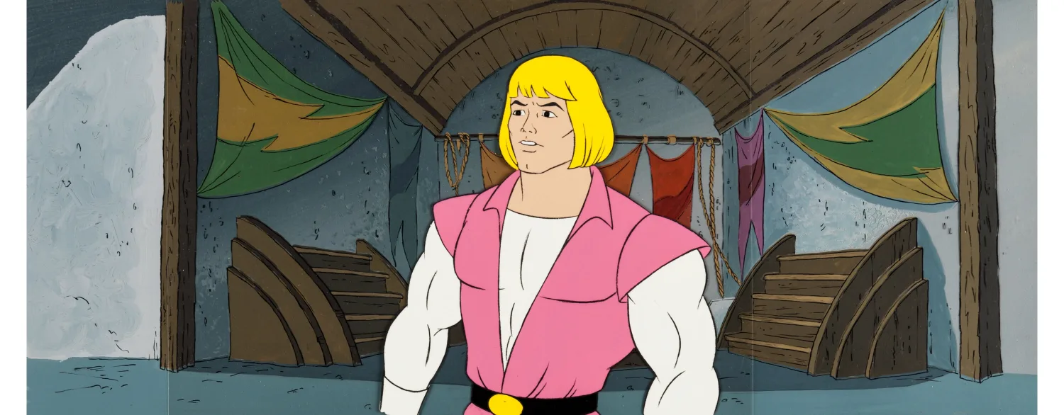 He-Man and the Masters of the Universe Prince Adam Production Cel with Master Pan Production Background (DIC, 1984)