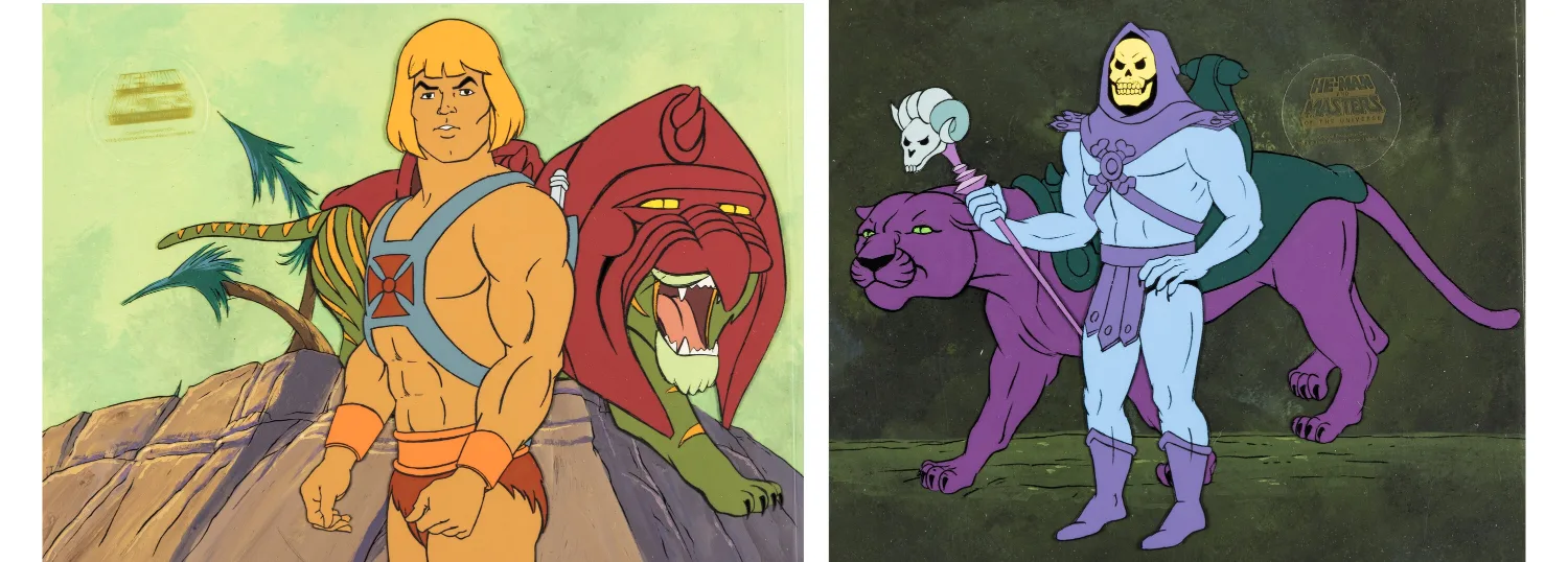 He-Man and the Masters of the Universe He-Man, Battle Cat, Skeletor, and Panthor Production Cel Setup with Master Backgr