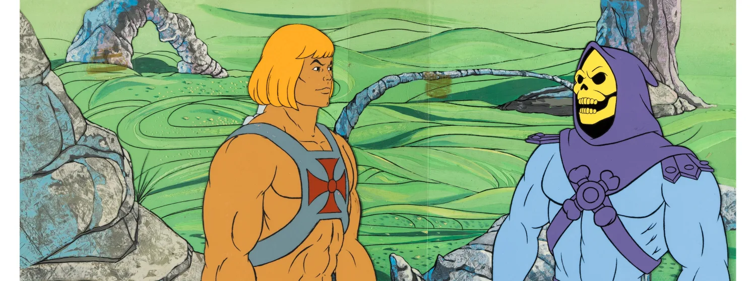 He-Man and the Masters of the Universe He-Man and Skeletor Production Cel with "Trouble in Arcadia" Pan Master