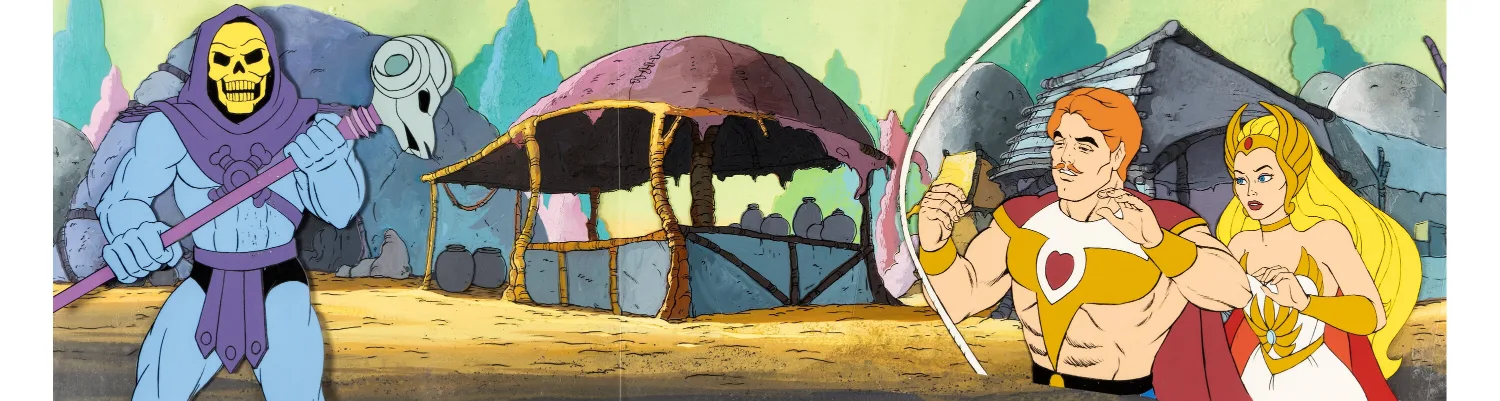 She-Ra: Princess of Power Skeletor, Bow, and She-Ra Production Cel Setup with Pan Master Background (Filmation, c. 1985-