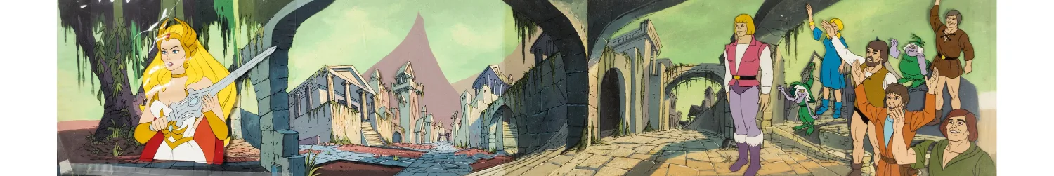 She-Ra: Princess of Power She-Ra, He-Man, and Crowd Production Cel Setup with He-Man and the Masters of the Universe&quo