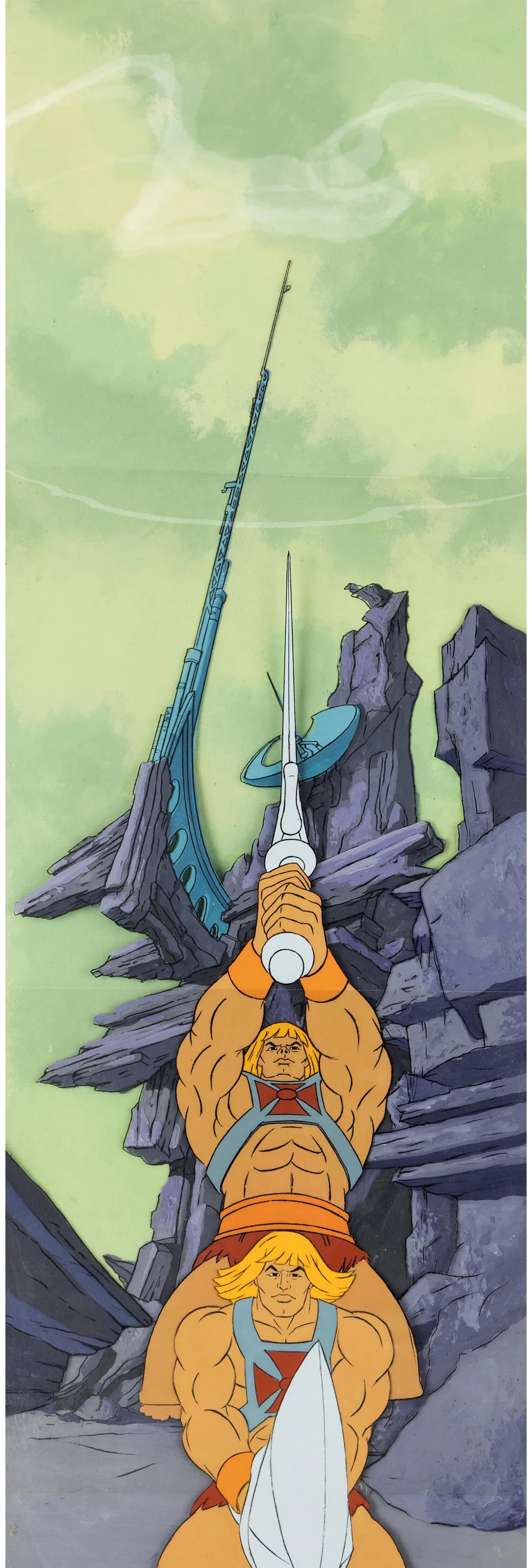 He-Man and the Masters of the Universe He-Man Production Cel Sequence of 2 with 10" x 31" Master Pan Backgroun