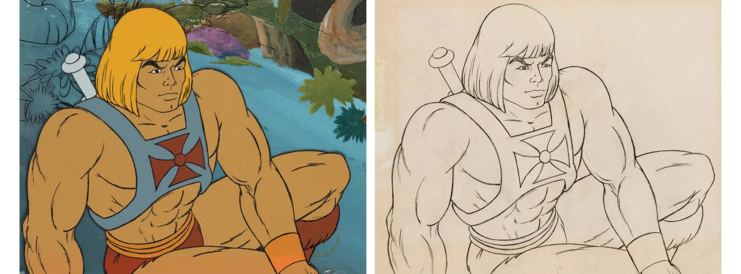 He-Man and the Masters of the Universe Original He-Man Production Cel with Key Master Background and Drawing (Filmation