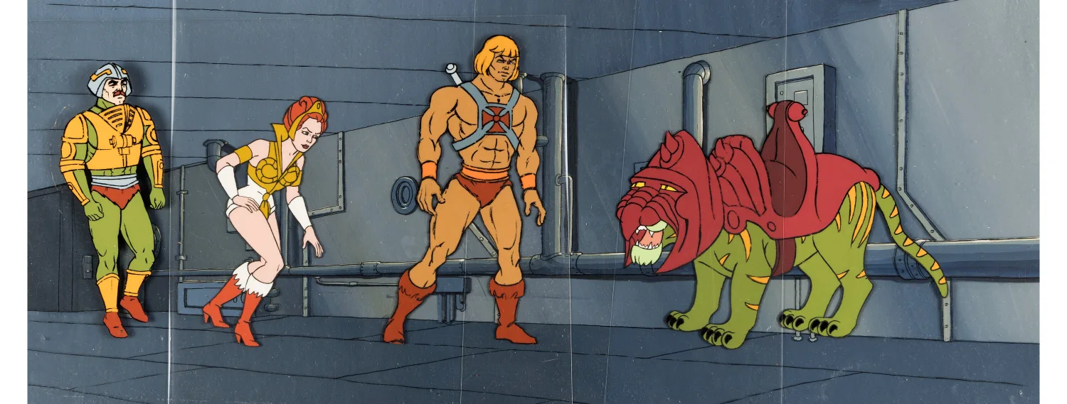 He-Man and the Masters of the Universe Group Shot Production Cel Setup with She-Ra: Princess of Power 22" Pan Maste