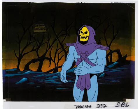 He-Man and the Masters of the Universe Skeletor Production Cel Setup and He-Man Drawing with COA Animation Art (Filmatio