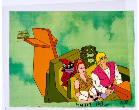 He-Man and the Masters of the Universe Prince Adam, Teela, Orko, and Cringer Production Cel Setup with COA Animation Art