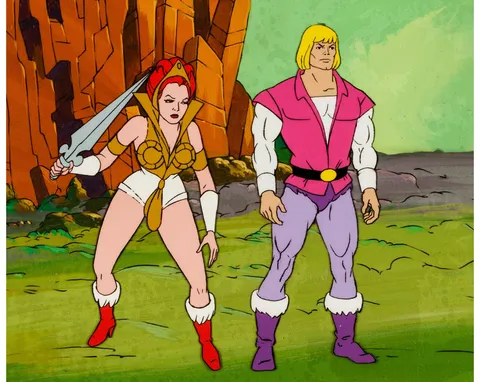 He-Man and the Masters of the Universe Prince Adam and Teela Production Cel and Painted Key Master Background Setup Anim