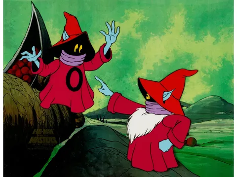 He-Man and the Masters of the Universe Orko and Uncle Montork Production Cel Setup (Filmation, 1983). (Total: 3 Items)