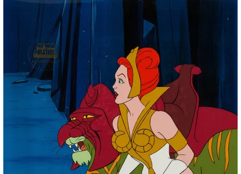 He-Man and the Masters of the Universe Teela and Battle Cat Production Cel Setup and Animation Drawing Group (Filmation
