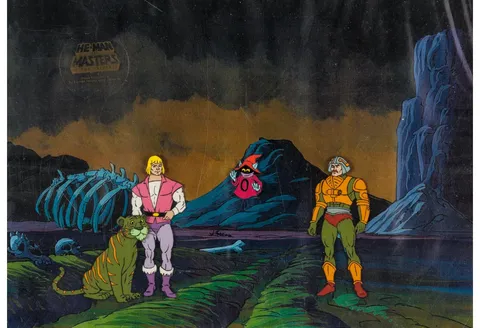 He-Man and the Masters of the Universe Prince Adam, Cringer, Orko, and Man-At-Arms Production Cel Setup, Animation Drawi