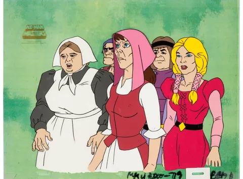 He-Man and the Masters of the Universe Townspeople Production Cel Setup, Animation Drawing, and Production Folder Group