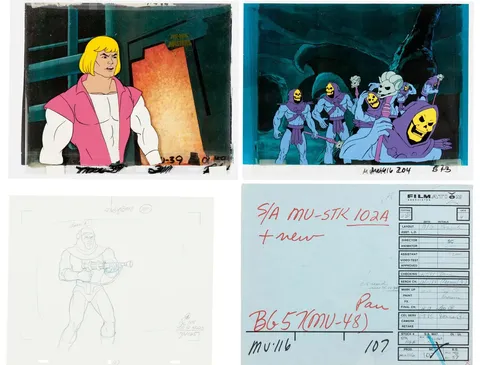 He-Man and the Masters of the Universe Production Cel Setup, Animation Drawings, and Studio Folder Group of 4 (Filmation