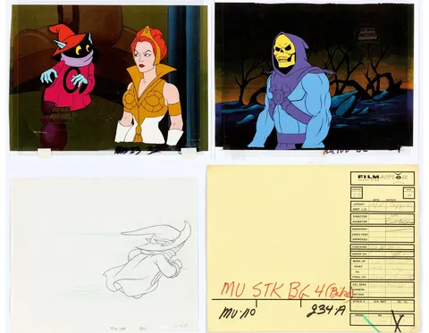 He-Man and the Masters of the Universe Production Cel Setup, Animation Drawings, and Studio Folder Group of 8 (Filmation