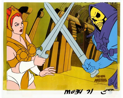 He-Man and the Masters of the Universe Teela Versus Skeletor Production Cel and Painted Master Background Setup Animatio