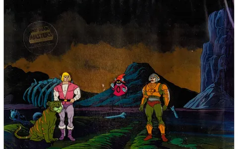 He-Man and the Masters of the Universe Prince Adam, Cringer, Orko, and Man-At-Arms Production Cel Setup, Animation Drawi