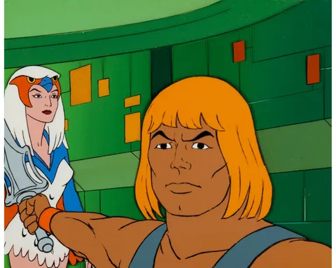 He-Man and the Masters of the Universe He-Man and Sorceress Stock Production Cel Setup with "Game Plan" Master