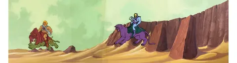 He-Man and the Masters of the Universe He-Man, Battle Cat, Skeletor, and Panthor Production Cels with Pan Master Backgro