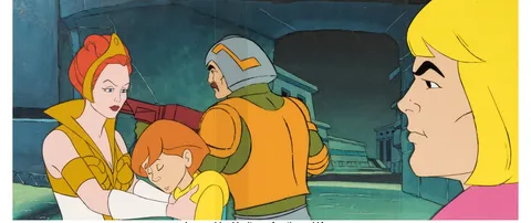 He-Man and the Masters of the Universe He-Man, Teela, Glitch, and Man-At-Arms Production Cel Setup with She-Ra: Princess