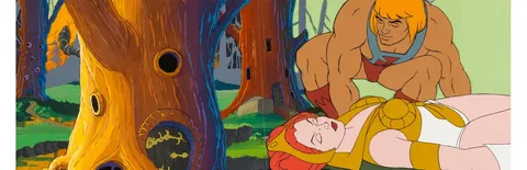 He-Man and the Masters of the Universe He-Man and Teela Stock Production Cel with She-Ra: Princess of Power Pan Producti