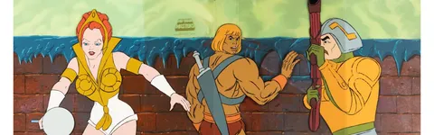 He-Man and the Masters of the Universe He-Man, Teela, and Man-at-Arms Production Cel Setup with She-Ra: Princess of Powe