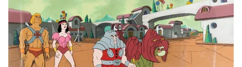 He-Man and the Masters of the Universe He-Man, Karyn, Ram Man, and Battle Cat Production Cel with 31" Master Pan Ba