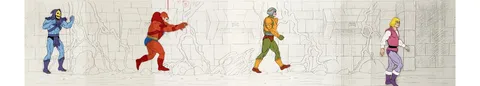 He-Man and the Masters of the Universe Prince Adam, Man-At-Arms, Beast Man, and Skeletor Production Cels on 46.25'' Pan