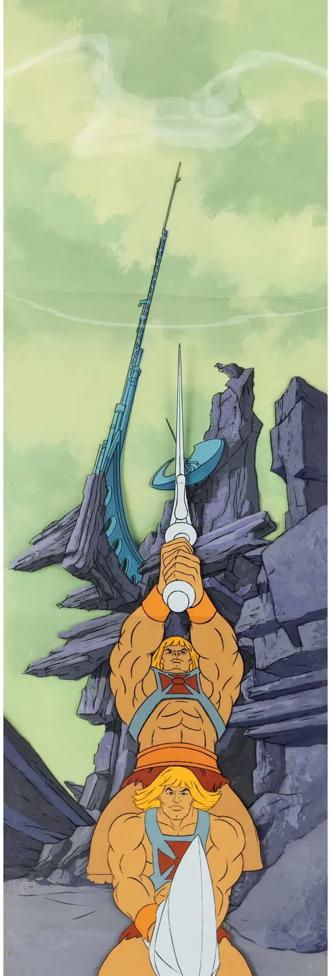 He-Man and the Masters of the Universe He-Man Production Cel Sequence of 2 with 10" x 31" Master Pan Backgroun