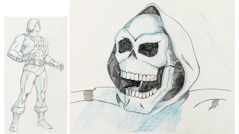 "Mattel Television Commercial" RARE He-Man and Skeletor Pair of Production Drawings on 12 Field Animation Pape