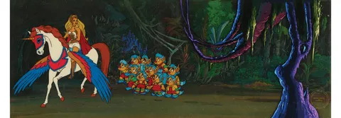 "She-Ra" on her winged steed "Swift Wind" pan production cels on a pan production background from Sh