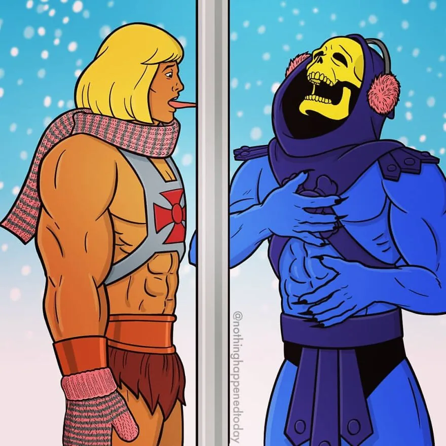 Skeletor peers around a doorway at He-Man, art by Ed Harrington