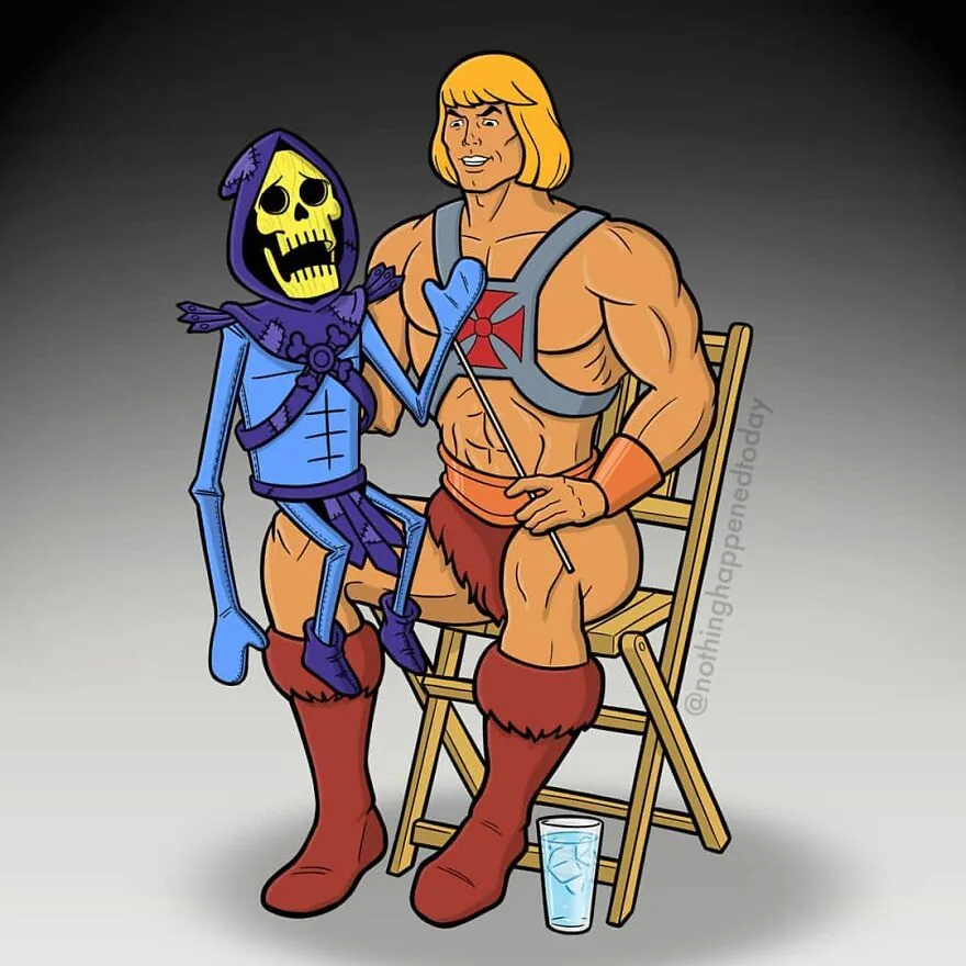 Skeletor trims He-Man’s hair, art by Ed Harrington