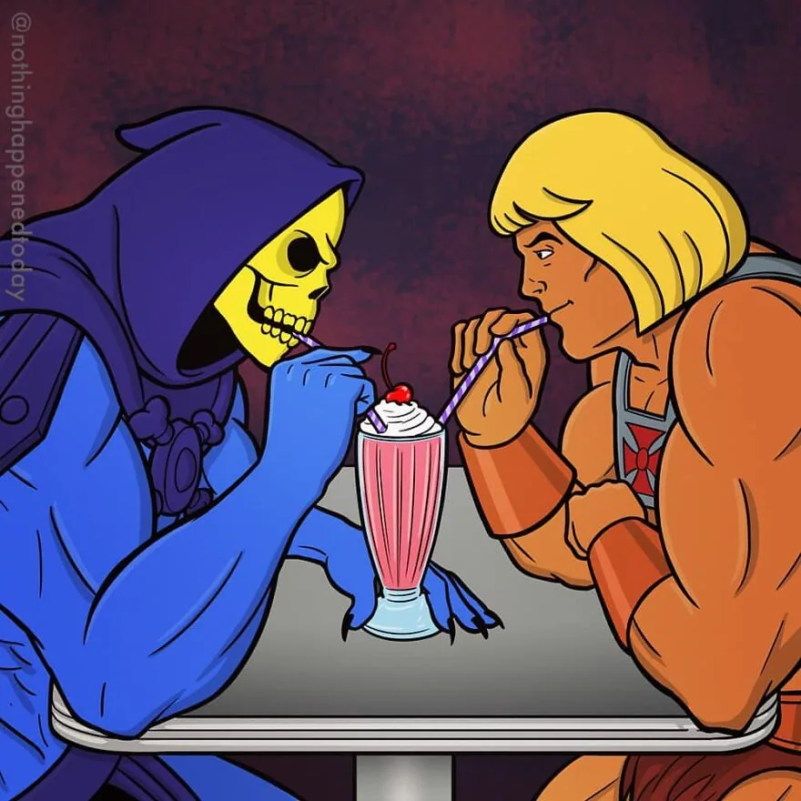 He-Man and Skeletor share a single milkshake, art by Ed Harrington