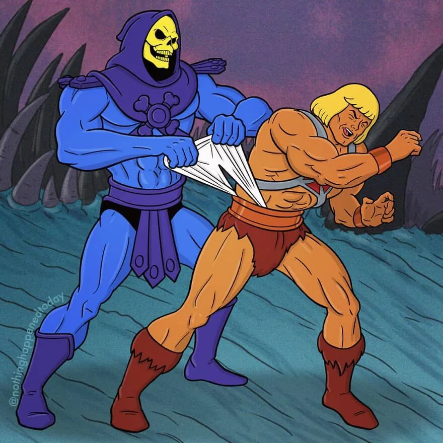He-Man pulls Skeletor back at sunset, art by Ed Harrington