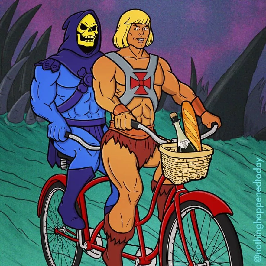 He-Man and Skeletor ride one bicycle together, art by Ed Harrington
